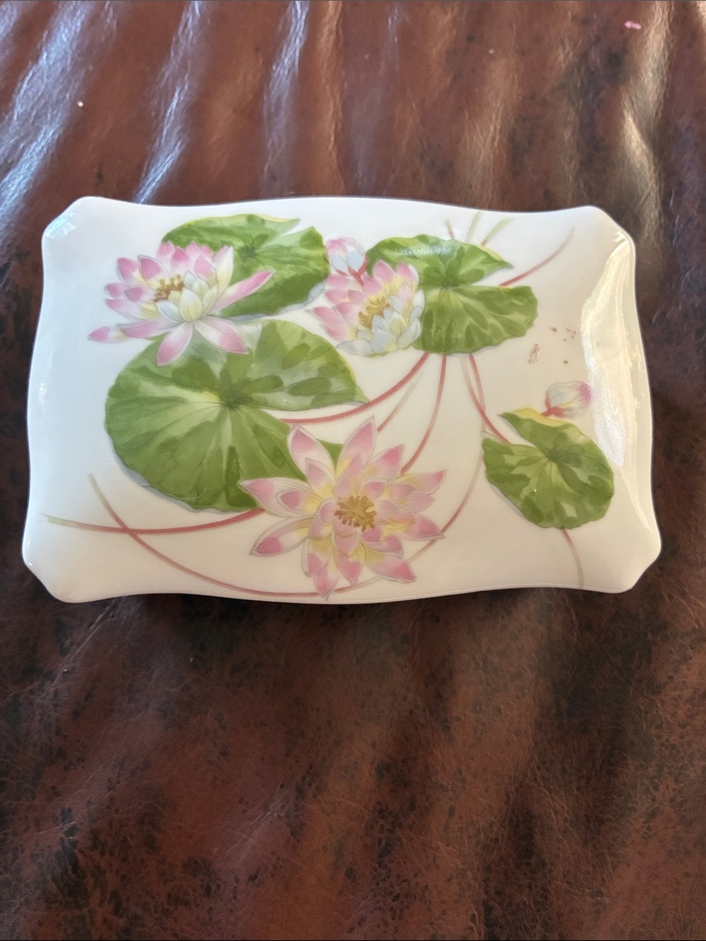Porcelain Trinket Dish with Pink Water Lily Motif